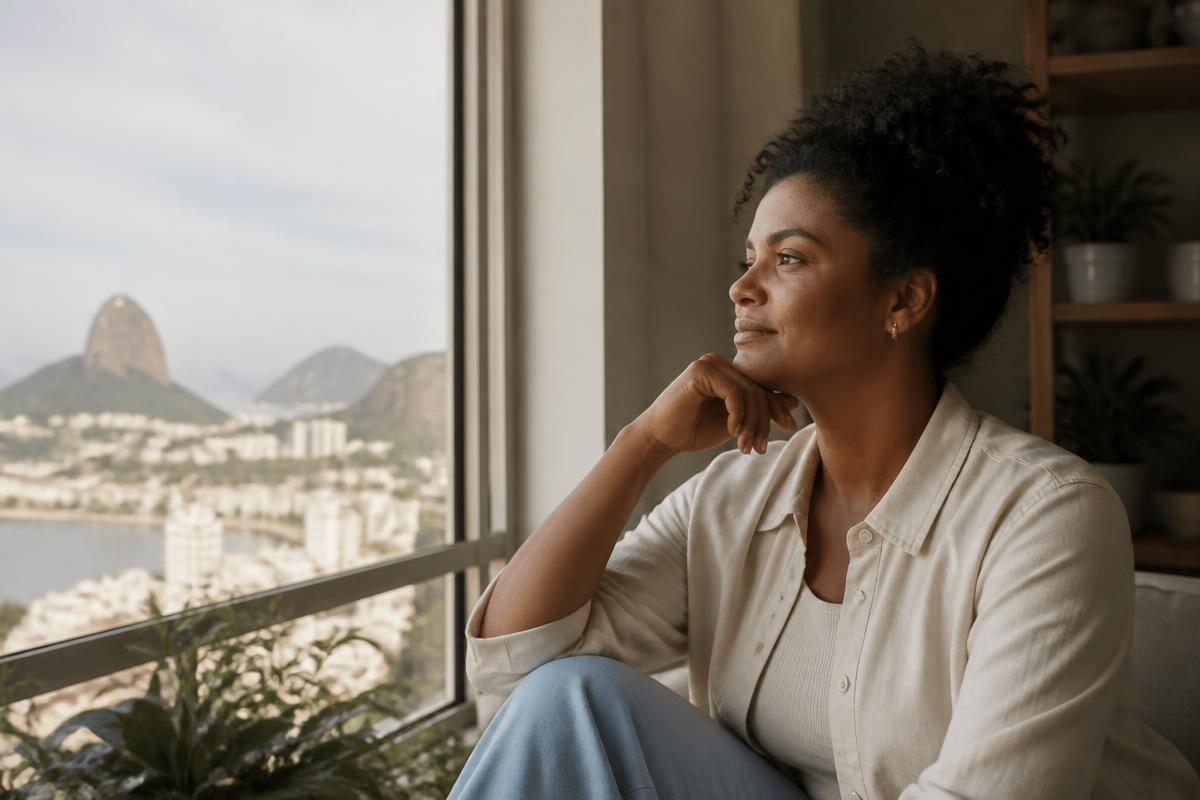Person relaxing by a window overlooking Rio de Janeiro, representing mental health support in Brazil