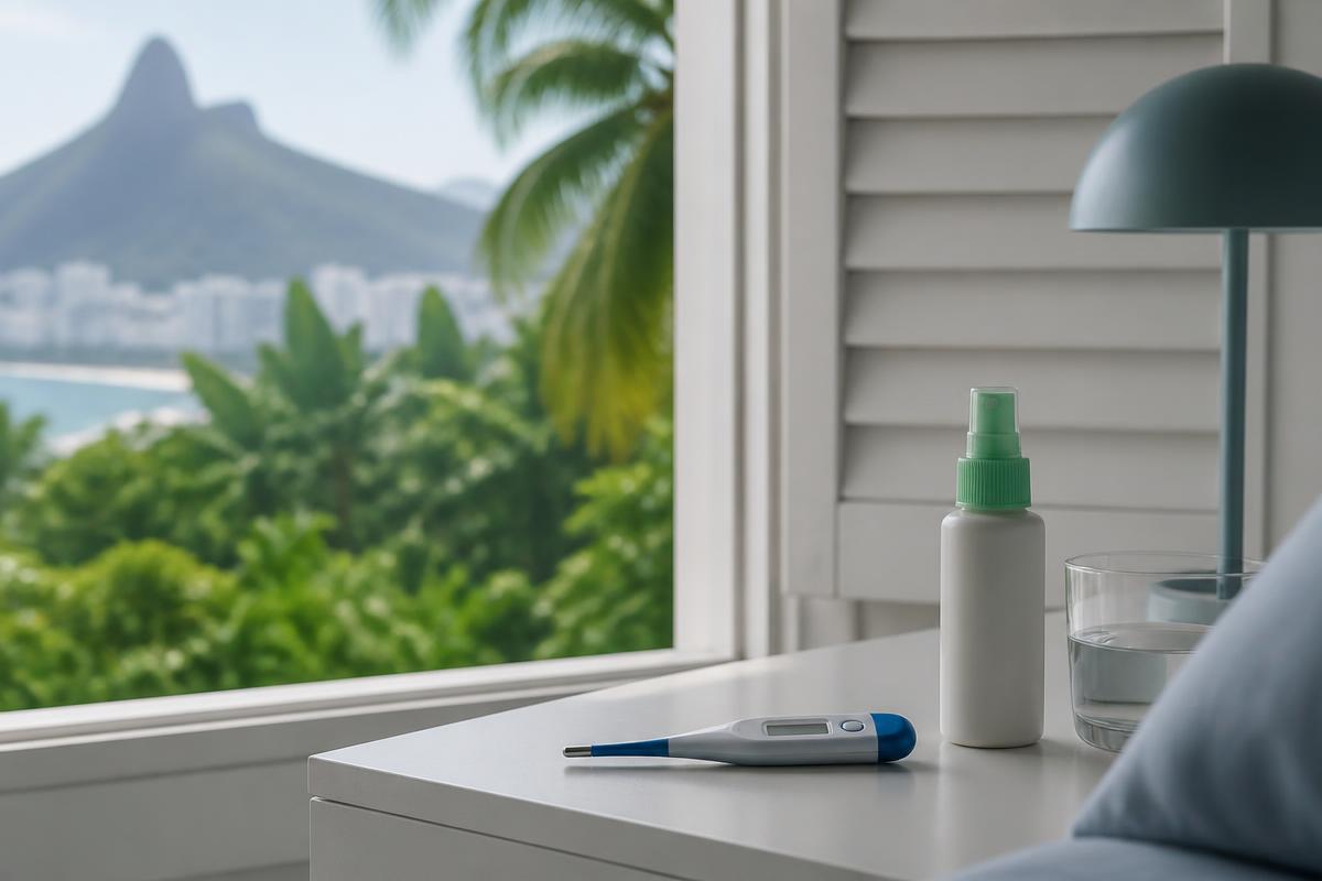 Thermometer and mosquito repellent near a window with tropical greenery, representing dengue and tropical fevers