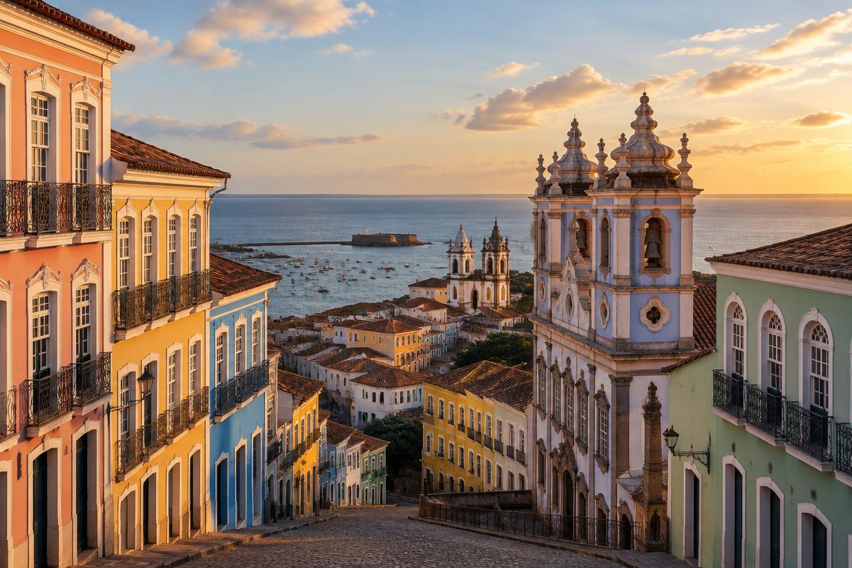 Colorful colonial houses and baroque churches of Pelourinho, Salvador, overlooking the bay