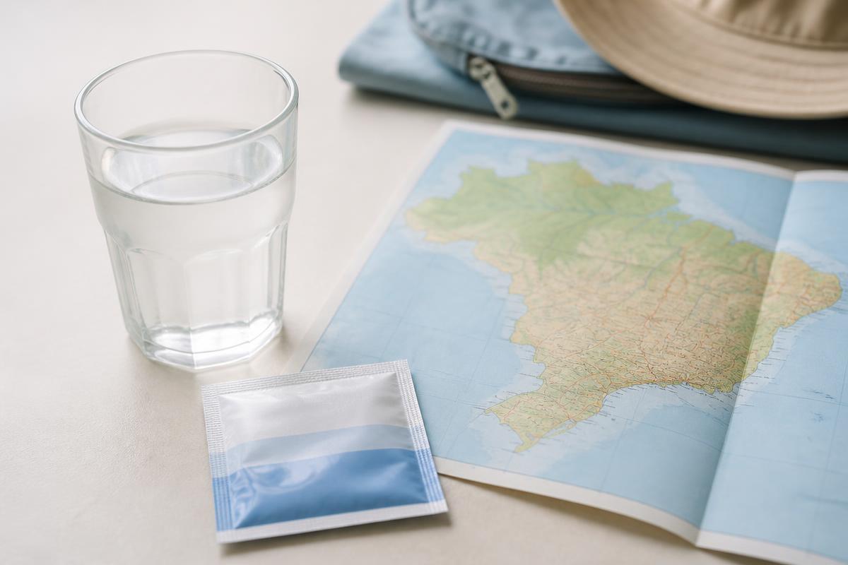 Glass of water, oral rehydration salts and a map of Brazil, representing traveler's diarrhea care