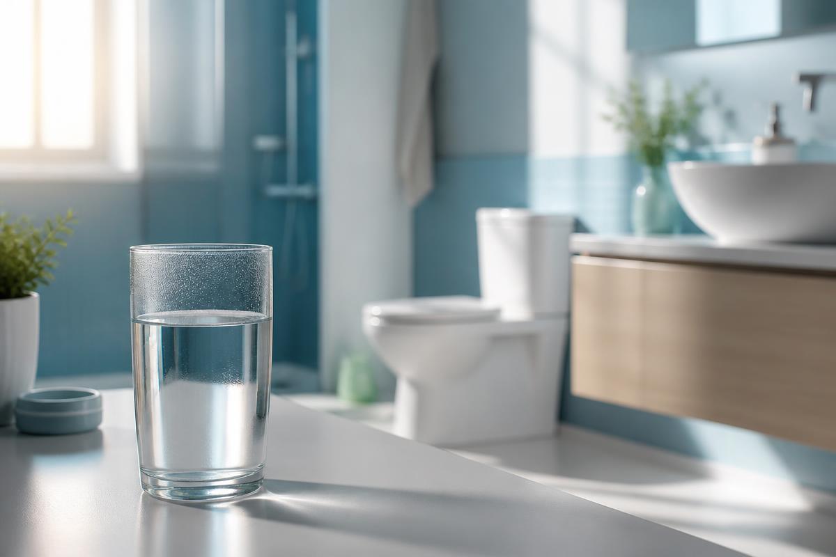 Glass of water in a bright bathroom, representing hydration and urinary tract health